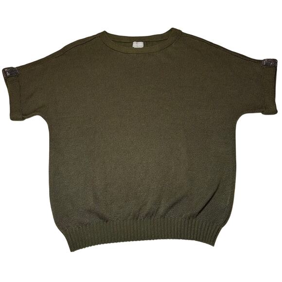 Chico's Women’s Size 1 US Medium Knit Top Sweater Linen Blend Green Short Sleeve - Picture 1 of 7